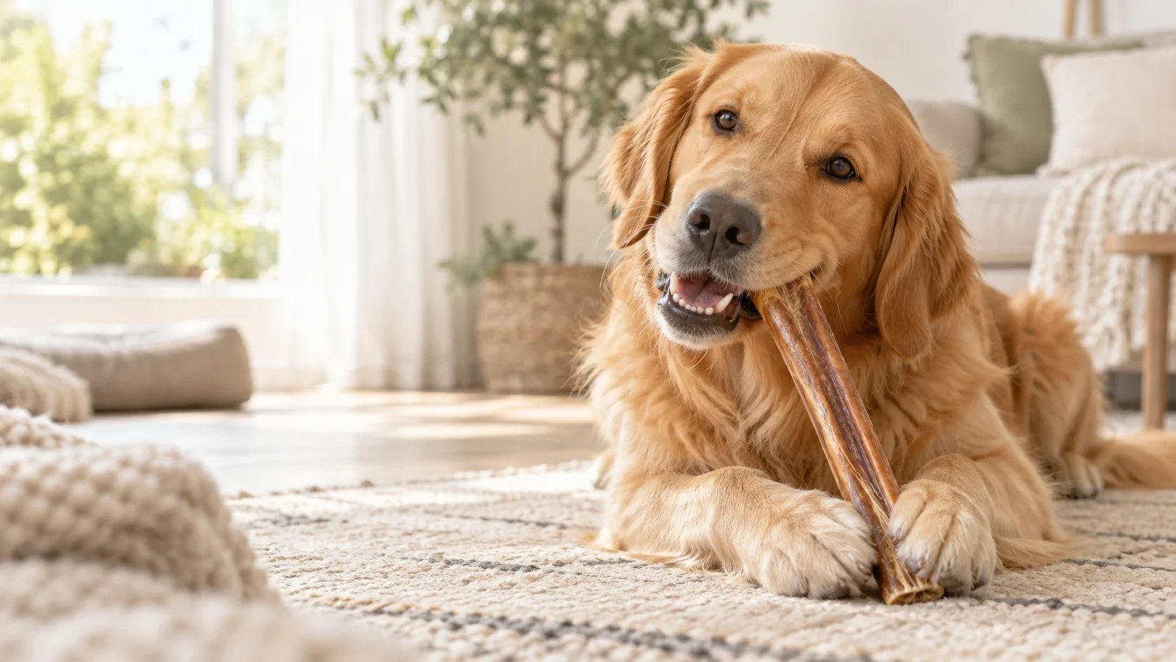 Golden Retriever kaut zu Hause auf einem Kauartikel