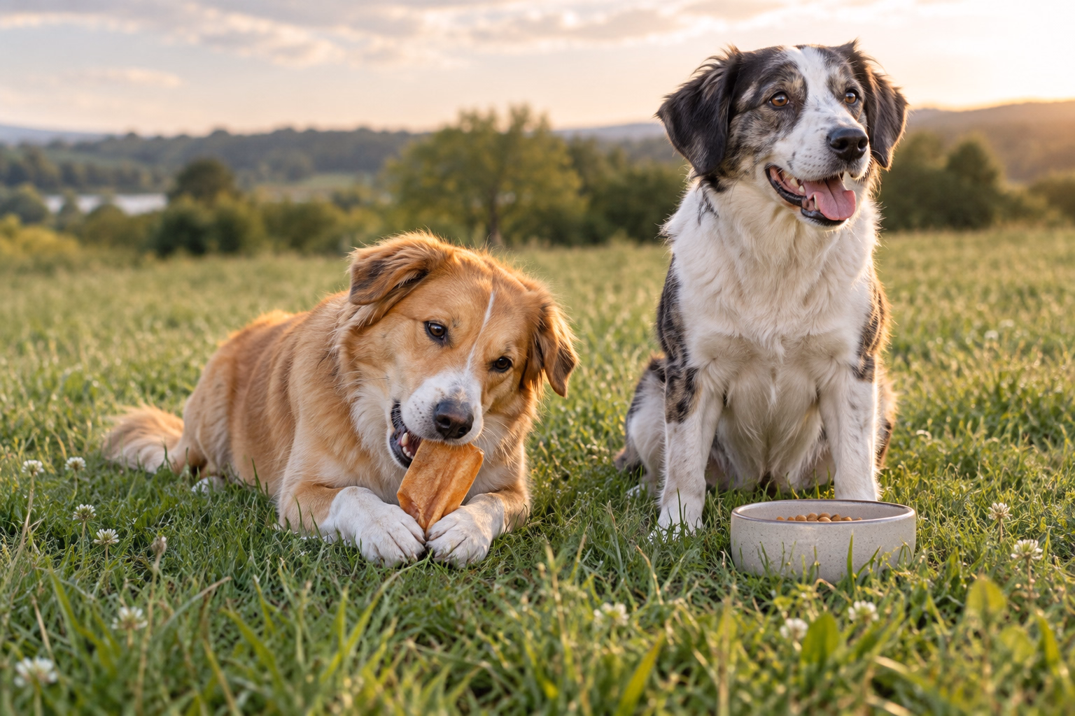 Zwei Hunde auf einer Wiese mit natürlichem Kauartikel und Trockenfutter