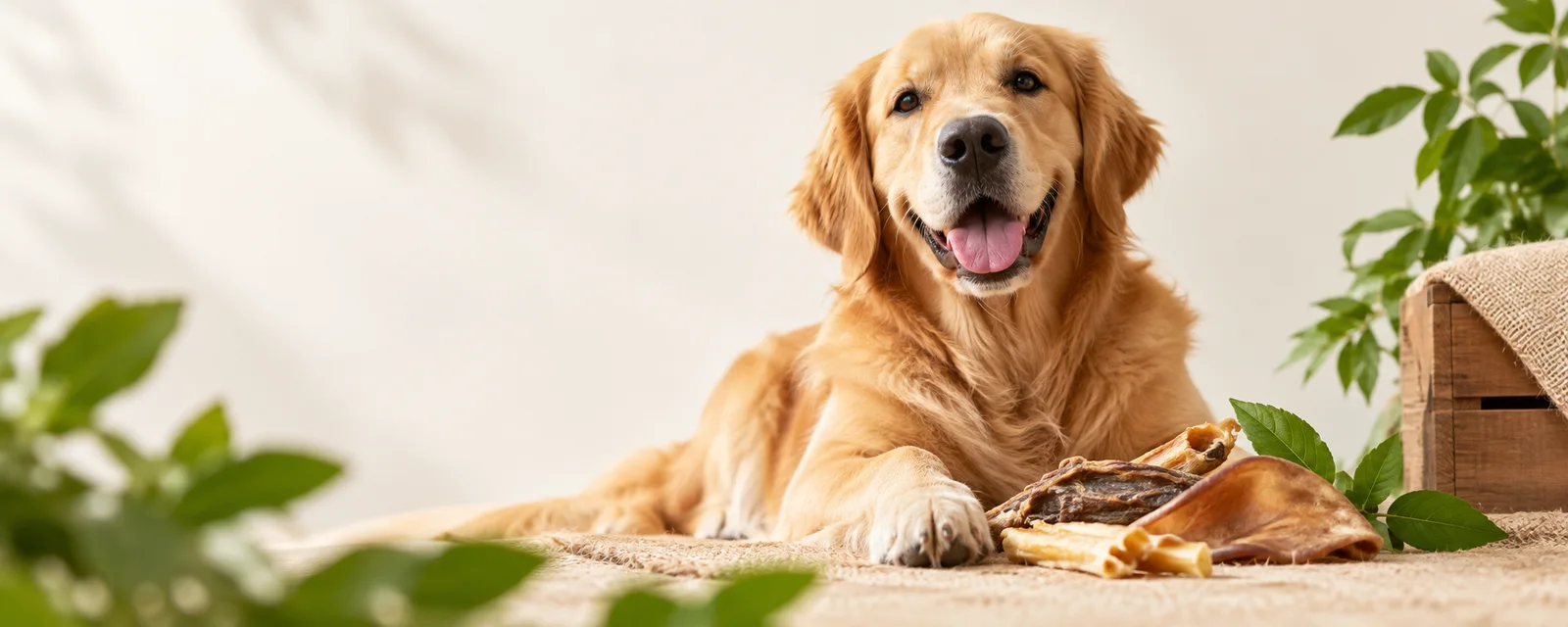 Golden Retriever neben natürlichen Kauartikeln